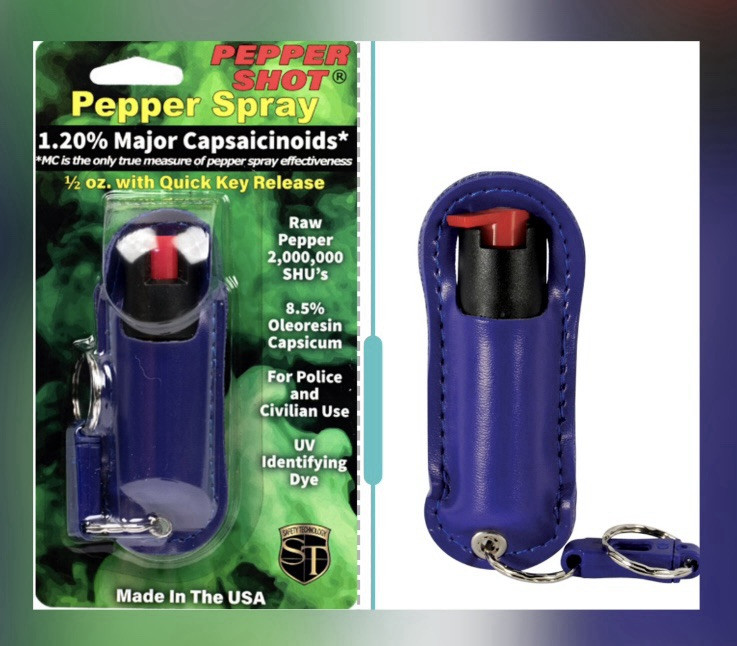 Police DEFENSE Pepper Spray 1/2 BLUE Keychain LEATHER Safety LOCK QUIK RELEASE