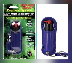 Police DEFENSE Pepper Spray 1/2 BLUE Keychain LEATHER Safety LOCK QUIK RELEASE
