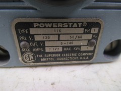 Superior Electric Variable Transformer Powerstat 116 Variac 120V 7.5A.