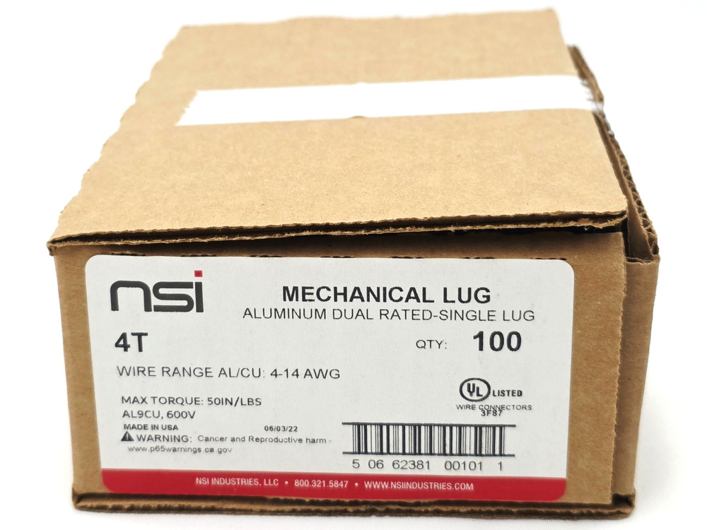 Box of 100 NSI 4T Dual Rated Aluminum Mechanical One Hole Lugs #4-#14 AWG