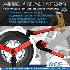 USA 4 Pack 2″ x10′ Side Mount Wheel Net Tie Down Ratchet w/Flat Hook Lasso Strap