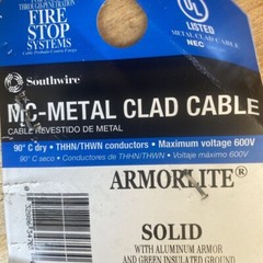 Armorlite Wire 10/2 BLACK/WHITE Solid MC Copper Metal Clad Cable BY THE FOOT