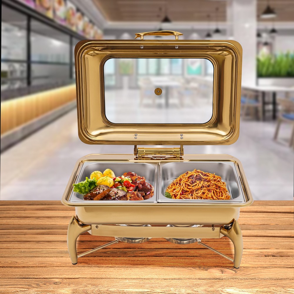 Gold 9QT Roll Top Chafing Dish Buffet Set Stainless Steel with Fuel Holder Home~