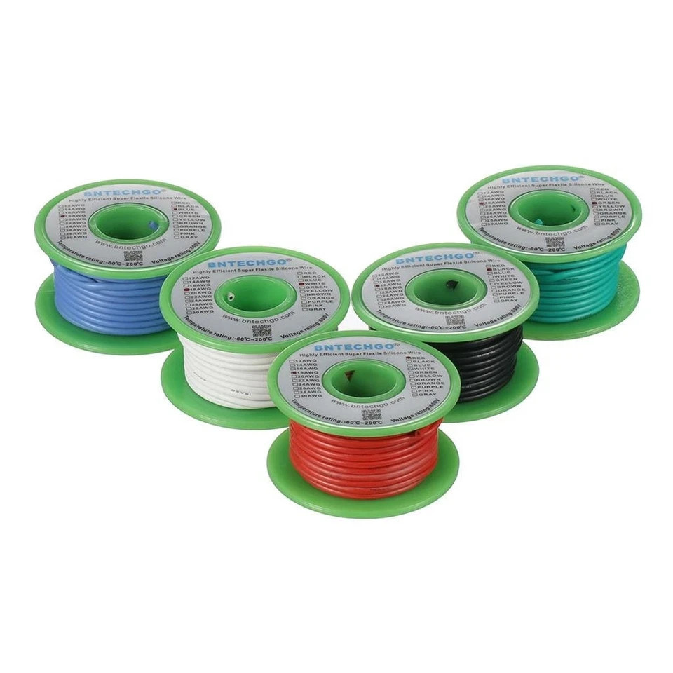 18 Gauge Silicone Wire Kit Red Black White Blue and Green Each 25ft 18 AWG St…