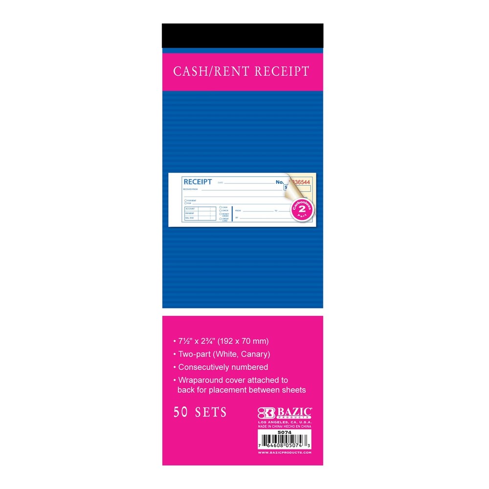 BAZIC PRODUCTS Cash or Rent Receipt Book, 2-Part Carbonless, 1-Pack, 50 Sets