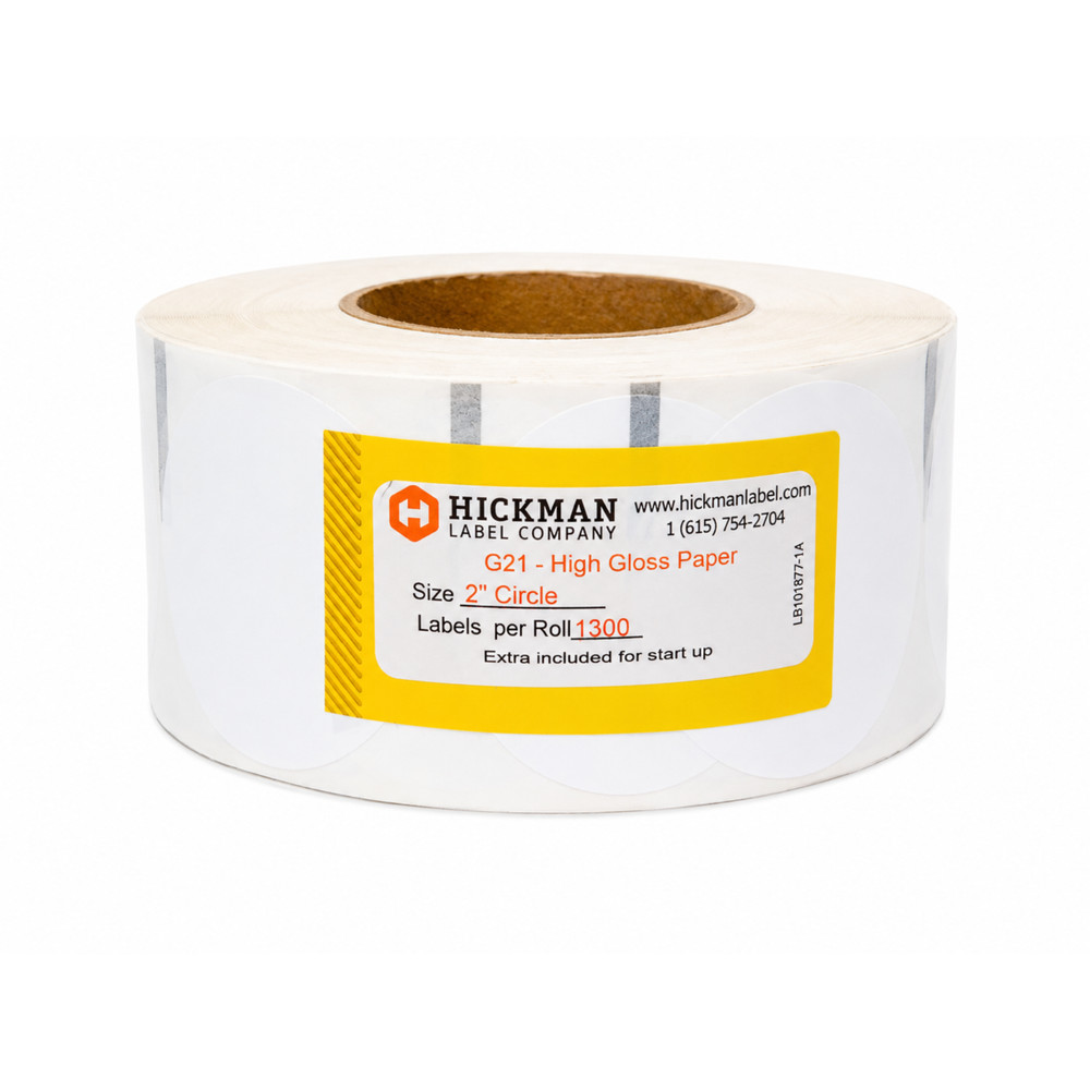 Hickman G21 High Gloss Paper 2″ Circle Labels 1300 Labels/Roll NEW