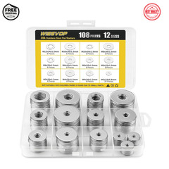 108Pcs 304 Stainless Steel Flat Washers, Fender Washers Assortment Kit 12 Sizes