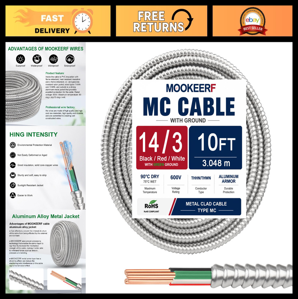 10FT 14/3 MC Cable with Ground – Pure Copper 14AWG Metal Clad Wire, 3 Conductor