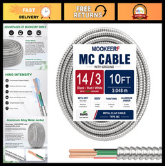 10FT 14/3 MC Cable with Ground – Pure Copper 14AWG Metal Clad Wire, 3 Conductor