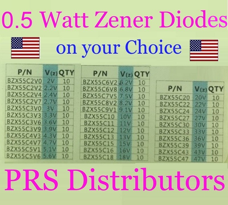 0.5W Zener Diode 2V to 47V BZX55C2V0 to BZX55C47 0.5 Watt 10 Pieces USA SELLER
