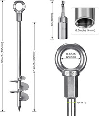30” Ground Anchors Screw in Heavy Duty 12Mm Solid Steel, 3″ Spiral Blade with S