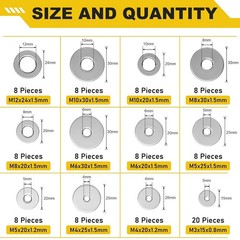108Pcs 304 Stainless Steel Flat Washers, Fender Washers Assortment Kit 12 Sizes