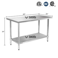 NSF Stainless Steel Prep Table 60×24 Inches 5ft, Metal Work Table with Adjust…