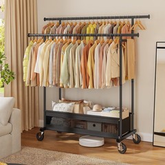 Clothes Rack, Double Rod, 210 LBS, Storage Basket, Black | Rolling Garment Ra…