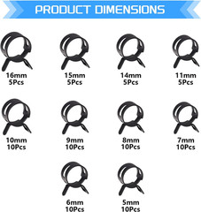 Spring Band Hose Clamps Assortment Kit 10Sizes 80Pcs 5Mm 6Mm 7Mm 8Mm 9Mm 10Mm 11