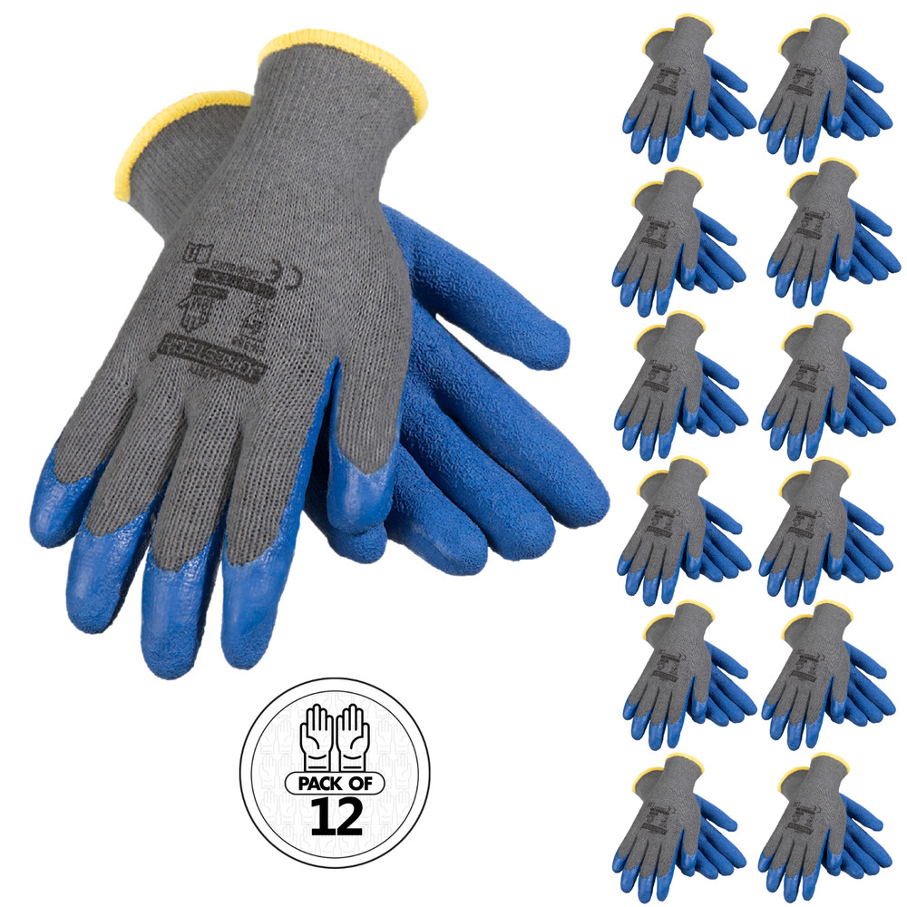12 Pairs Cotton Work Gloves w/ Blue Crinkle Texture Latex Coat JORESTECH