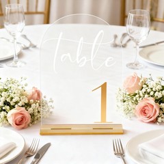 110 Clear Acrylic Arch Wedding Table Numbers Signs Gold Font Set 5×7 Inch