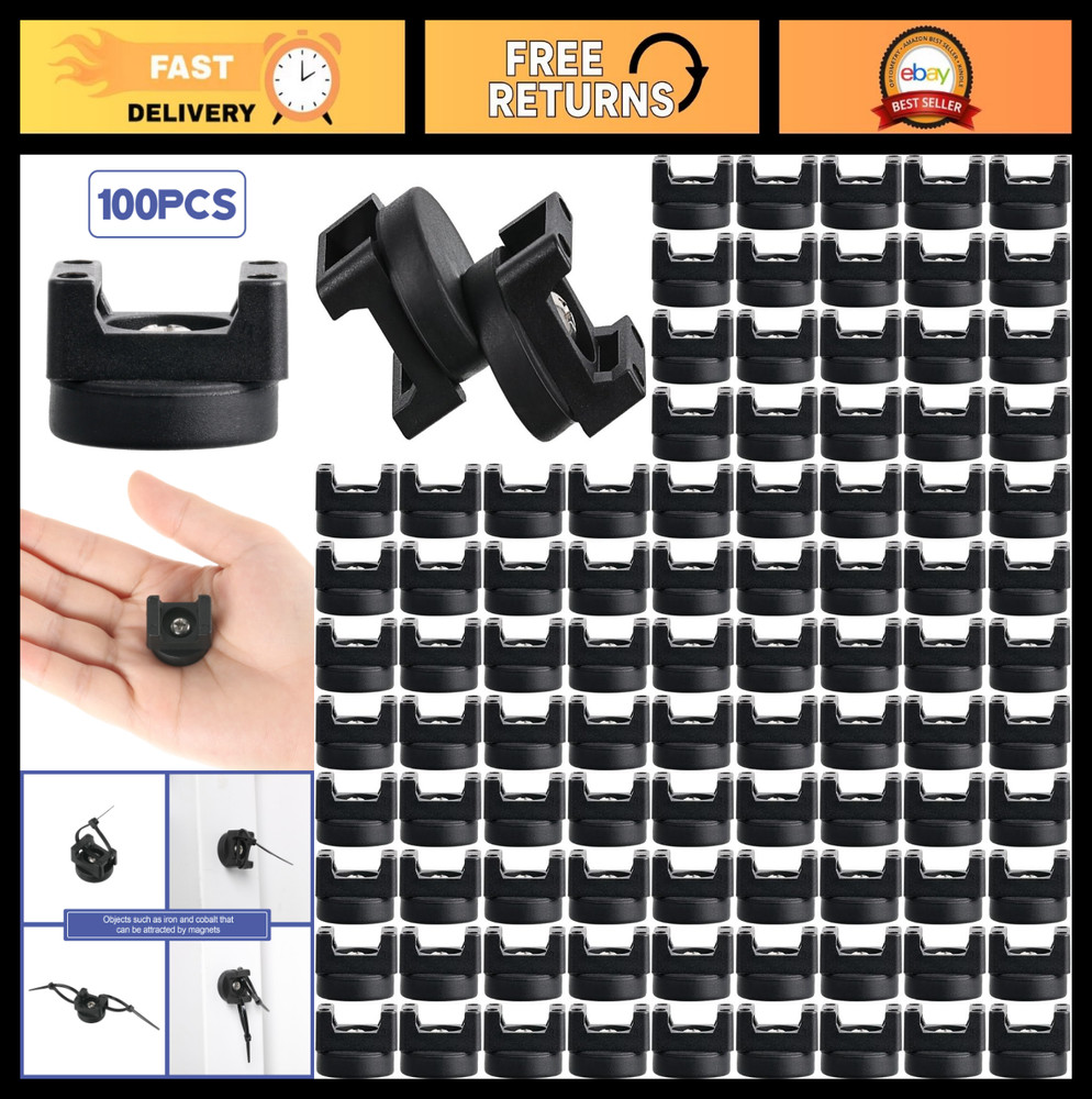 100 Pcs Magnetic Cable Clips – Zip Tie Mounts for Wire Management, Black Base