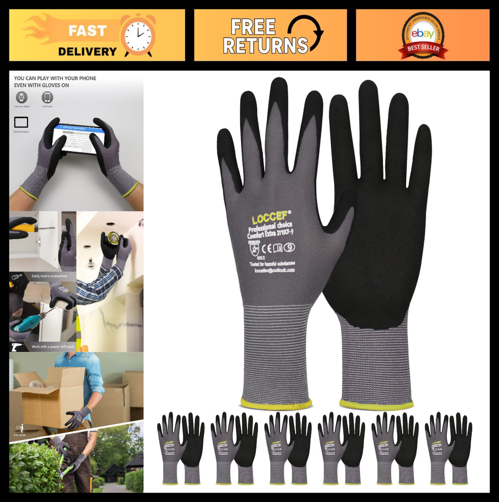 MicroFoam Nitrile Coated Work Gloves – 6 Pairs, Seamless Knit Nylon, Gray