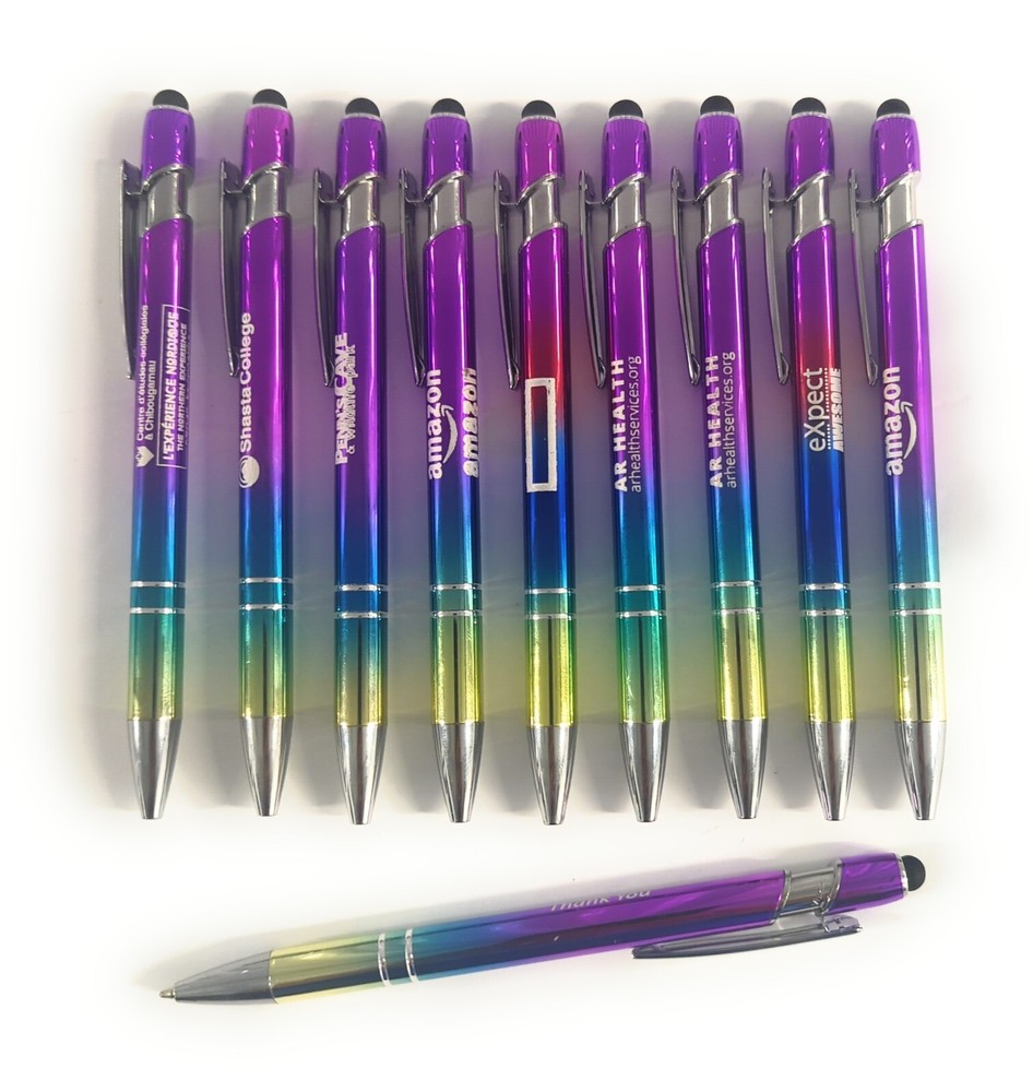 10ct Lot Misprint Metal Textari Spectrum Stylus Click Pens: OMBRE PURPLE/ GREEN