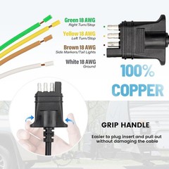 10 Feet Jacketed Cable, Heavy Duty 18AWG 4 Pin Trailer Light Plug Color-Coded Pu
