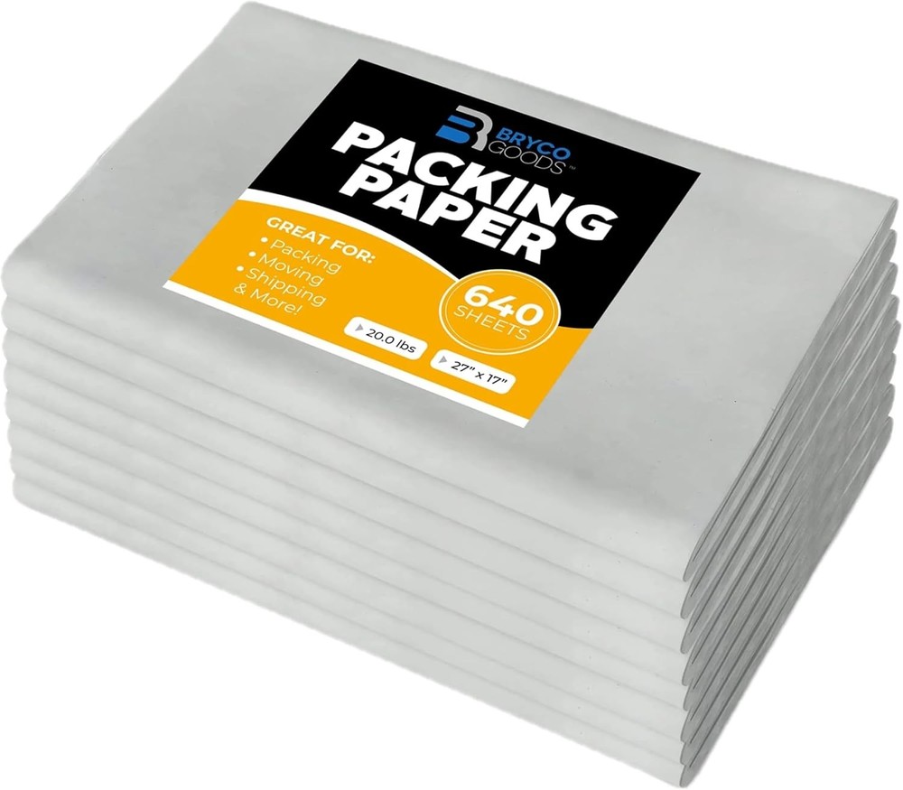 Bryco Goods Packing Paper Sheets for Moving – 20lb – 640 27″ x 17″, White
