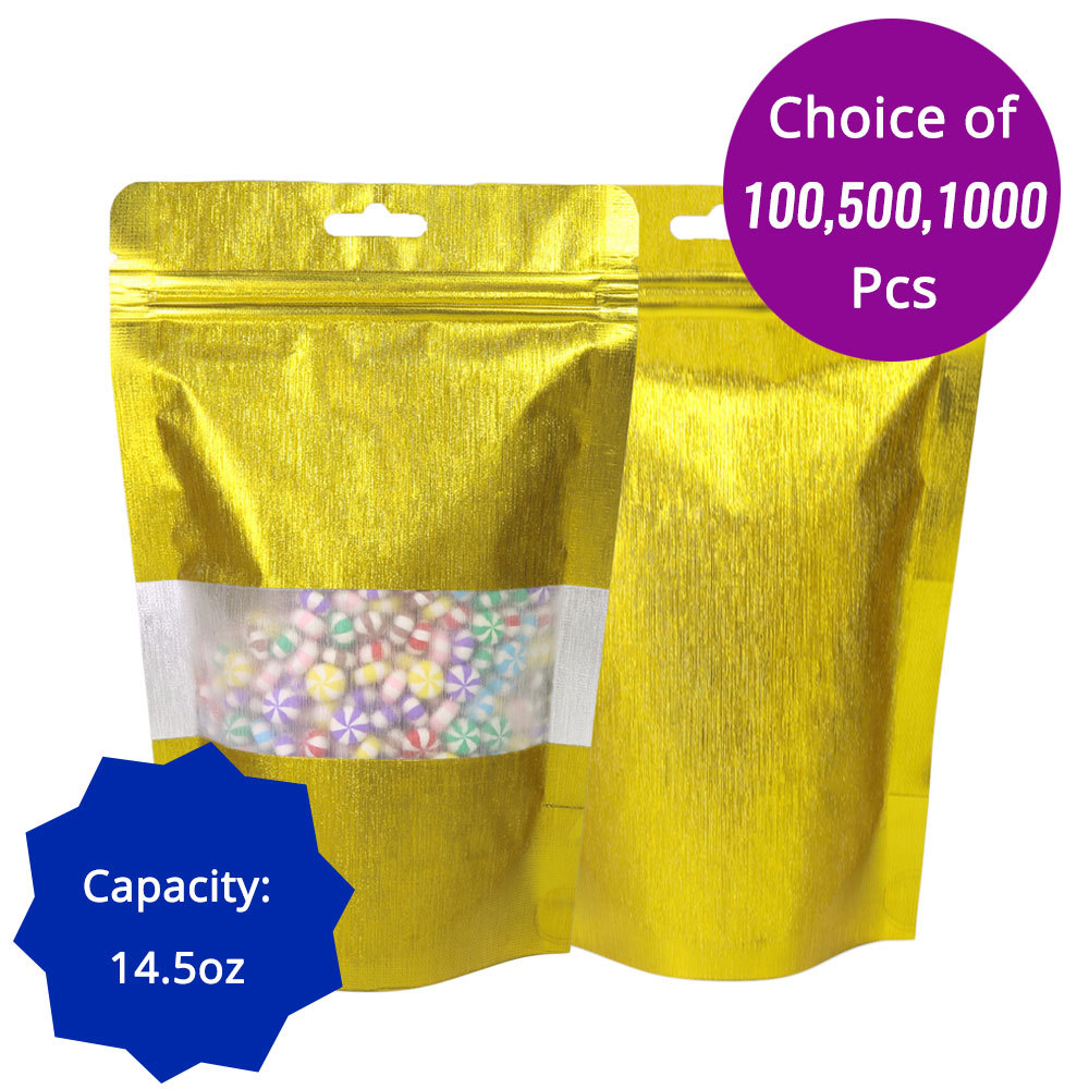 14.5oz Matte Gold Thick Rice Paper Mylar Stand up Zip Lock Bag w/ Window G02