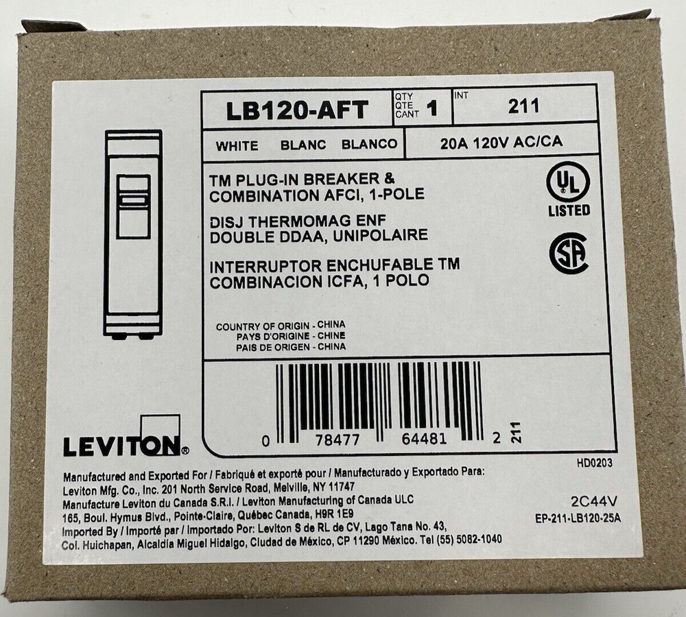 1 PC New Circuit Breaker Leviton LB120-AFT 20 Amp 1 Pole 120V AFCI-ARC-FAULT