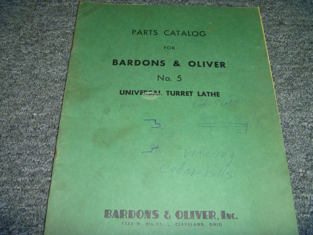 Bardons & Oliver No. 5 Universal Turret Lathe Parts Catalog Manual