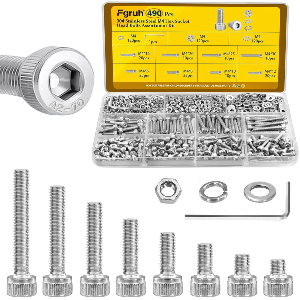 490Pcs M4 Screws,Nuts and Washers Assortment Kit, M4X6/8/10/12/16/20/25/30 Mm He