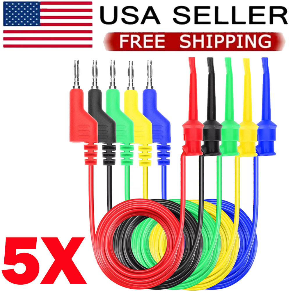 5x 4mm Stackable Banana Plug To Test Hook Clip Test Leads Mini Grabber Cable USA