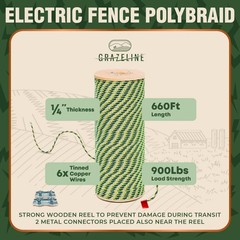Heavy Duty Electric Fence Polybraid Rope 660ft – 1/4″ Thick, 900lb Strength, UV