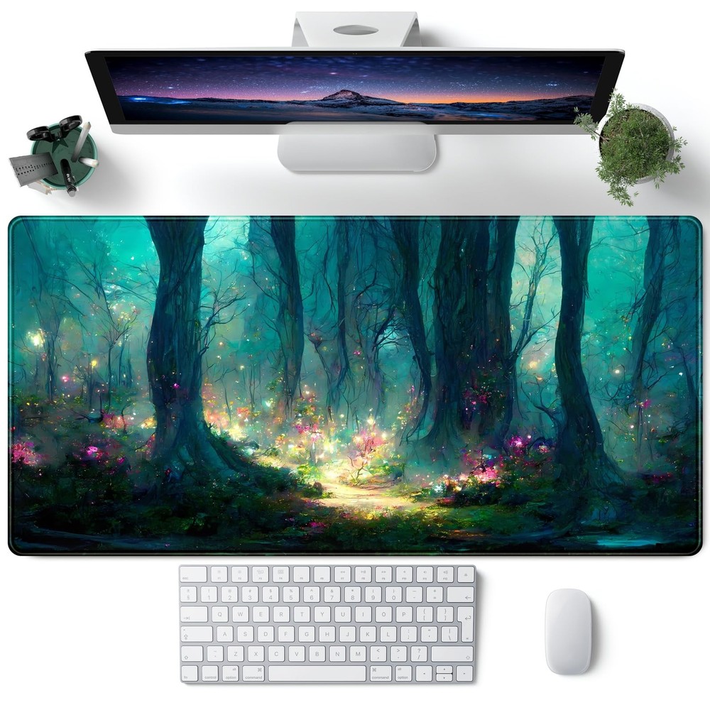 Forest Desk Mat Blue Green Mouse Pad 15.7L x 31.5W inches, A