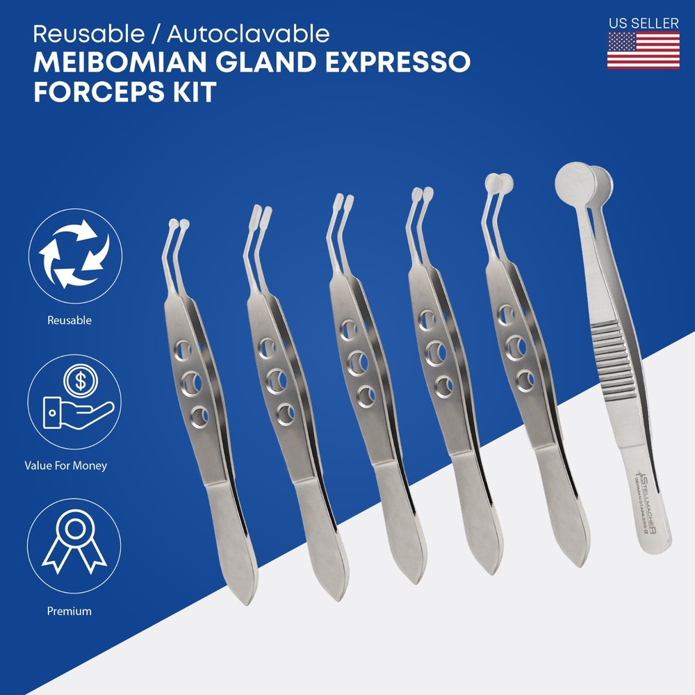 Meibomian Gland Expressor Forceps Set Eyelid Tweezers Kit Ophthalmic Tools 6 Pcs