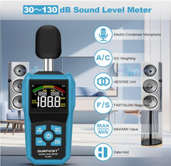Sonómetro digital 30-130dB pantalla color A/C MAX/MIN FAST/SLOW portátil, respue