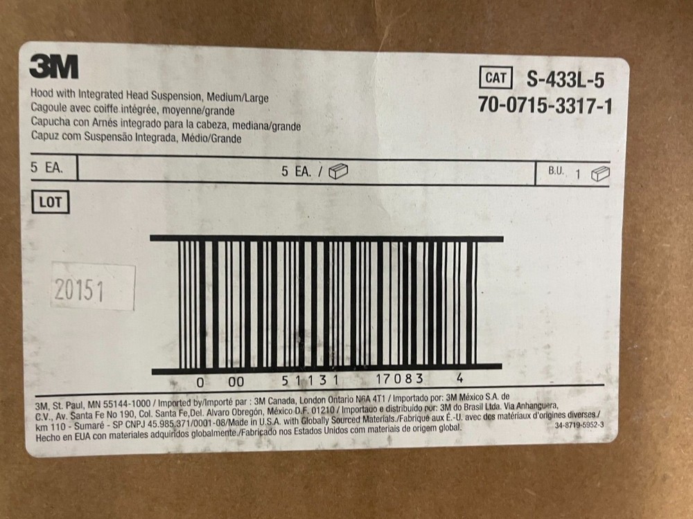 Case of 5 3M Versaflo Hoods W. Integrated Head Suspension Medium/Large S-433L-5