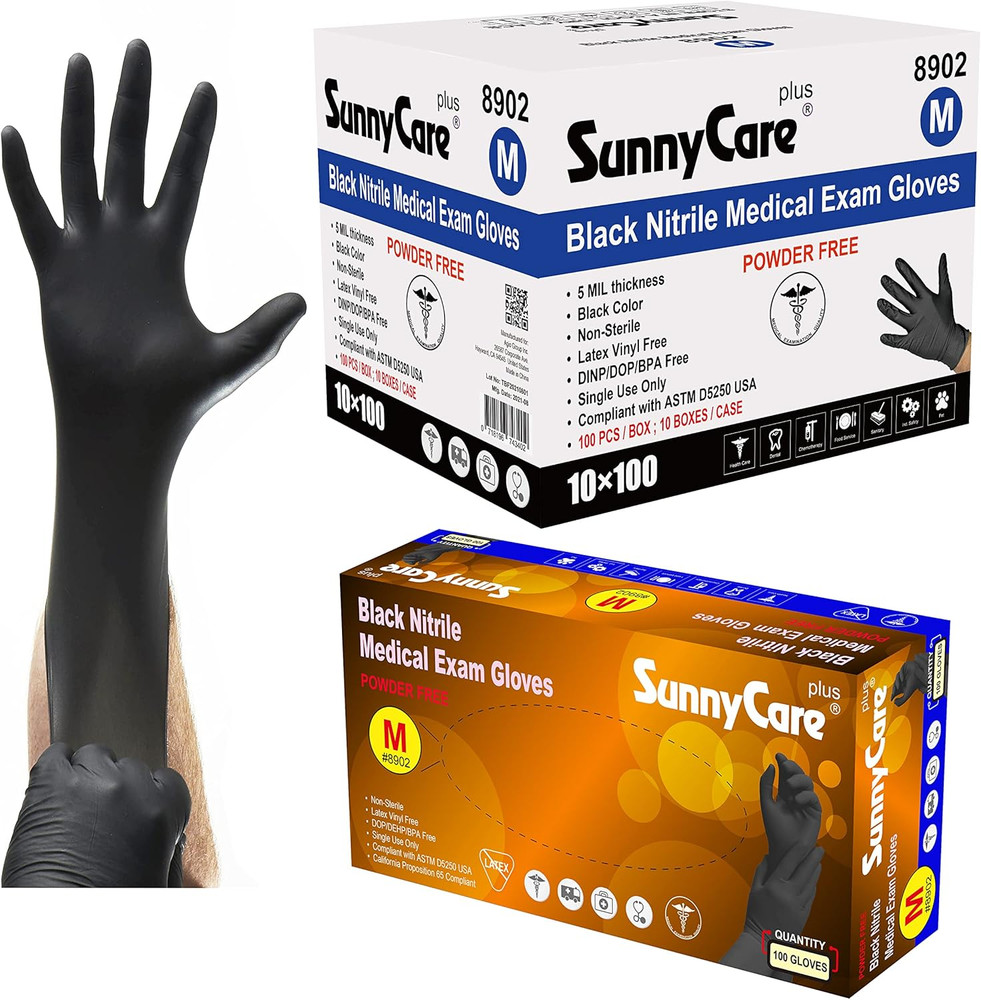 Sunnycare 5.0 Mil 8902 Black Nitrile Medical Exam Gloves Powder Free Size: Mediu