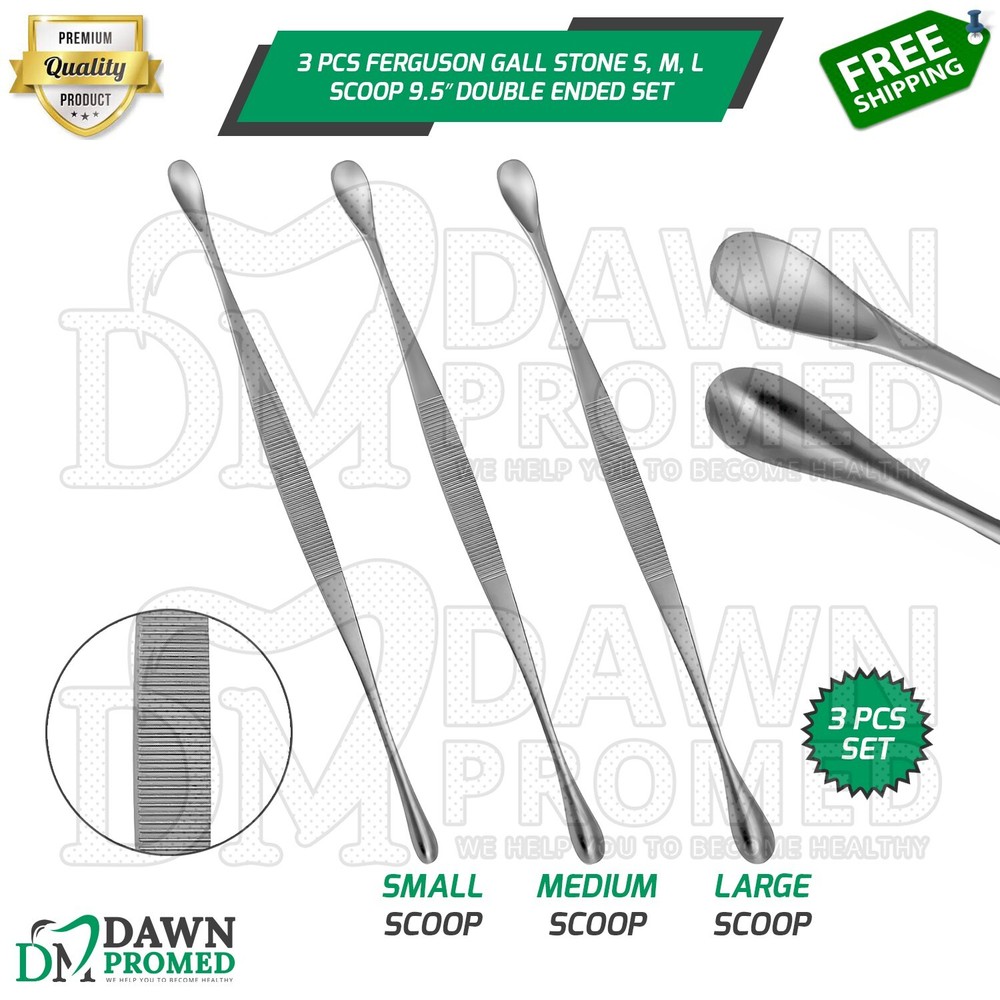 3 Pcs Ferguson Gall Stone Scoop 9.5″ S,M,L Double Ended Set Surgical OB/GYN Inst