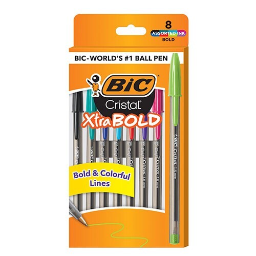 BIC Cristal Xtra Bold Ball Pen 8/Pk 1.6mm Tip Asst Color Inks School Office Home
