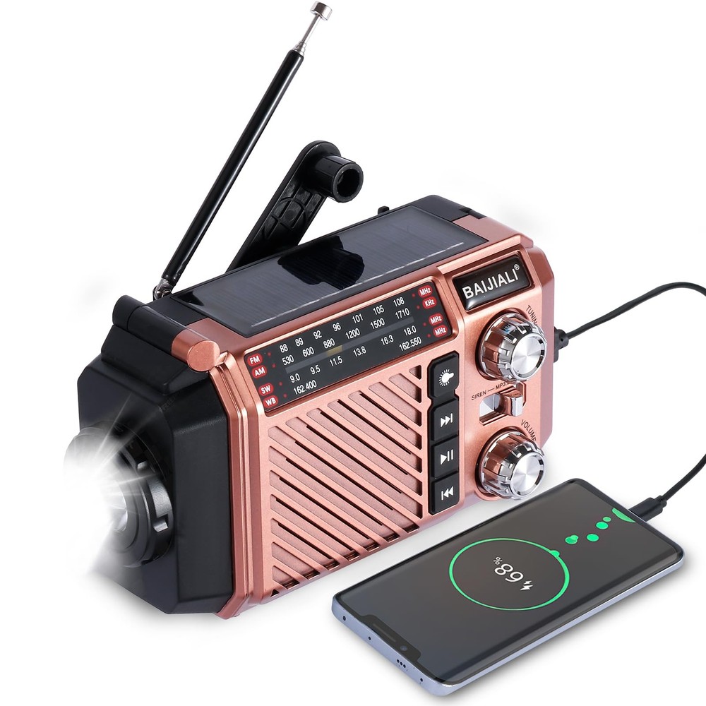 Hand Crank Emergency Weather Radio with 2600mAh/9620mWh Power Bank, Brown