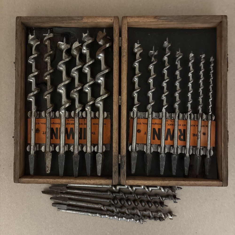 Vintage Irwin 13pc Auger Drill Bit Set – No. DM Wooden Box USA + 6 Extra Bits