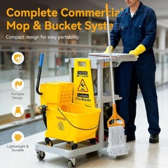 38 Qt Commercial Mop Bucket with Side Press Wringer on Wheels & Mops Set