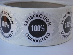Satisfaction Guaranteed 100% 1.5 Starburst Sticker Label dull silver foil 250/rl