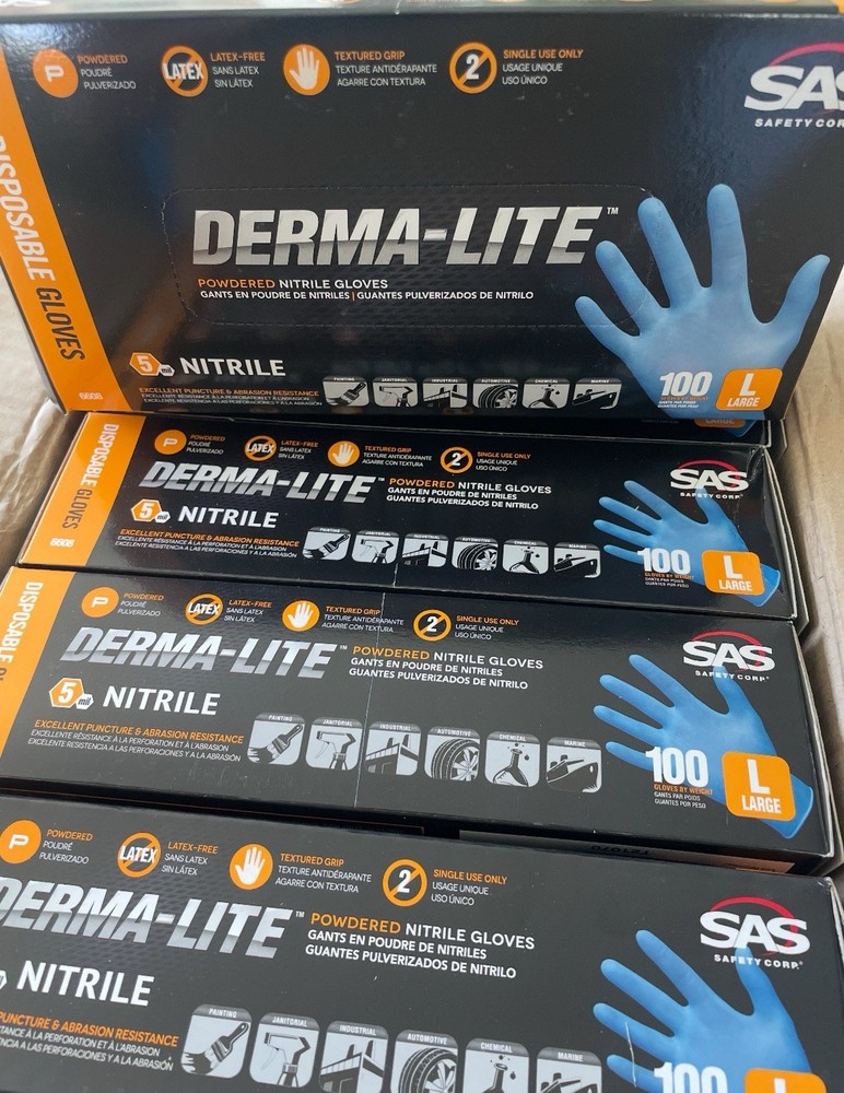 SAS Safety Derma-Lite 5 Mil Blue Powdered Nitrile 10 boxes Of 100 Gloves