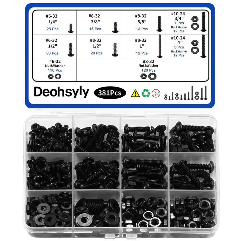 Deohsyly 381Pcs Machine Screws Nuts and Bolts Assortment Kit, #632/#832/#1024…