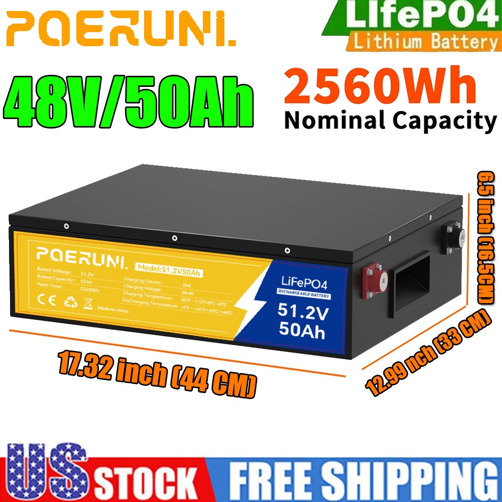 48V 50Ah LiFePO4 Lithium Battery BMS 15000+ Deep Cycles For Solar RV Off-grid