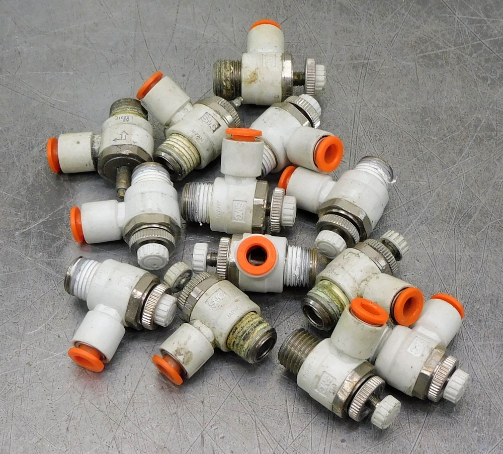 Lot of Thirteen (13) SMC AS2201F Flow Control Valve 1/4″ DIA 1/4″ NPT 90° Elbow