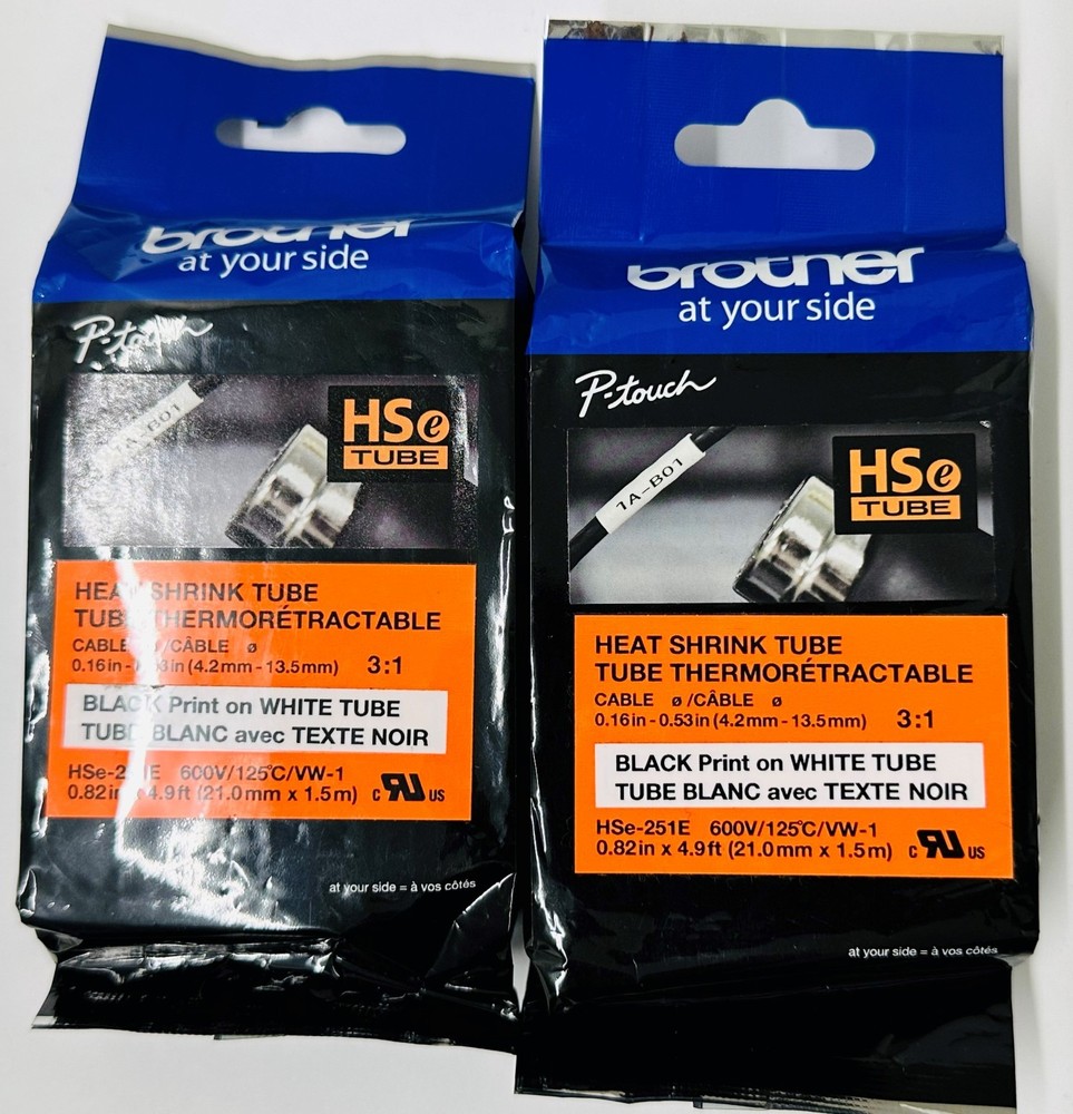 New Genuine Brother P-Touch HSe-251E 2PK 21mm-1.5m Black on White Tape