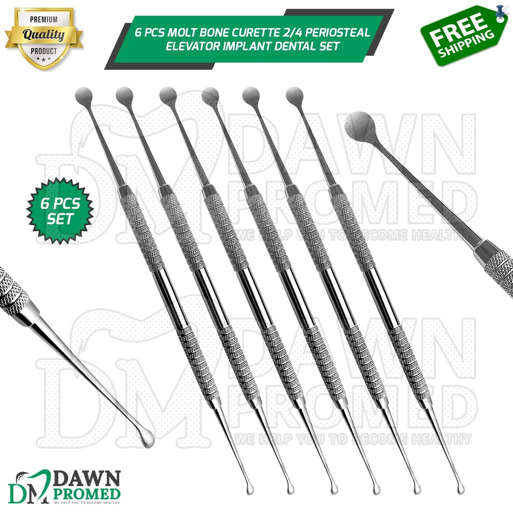 6 Pcs Molt Bone Curette 2/4 Periosteal Elevator 7″ Surgical Implant Dental Set