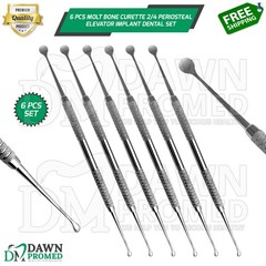 6 Pcs Molt Bone Curette 2/4 Periosteal Elevator 7″ Surgical Implant Dental Set